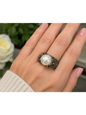 DGS Turkey 925 Sterling Silver Pearl Filigree Ring Size 7 Vintage Statement